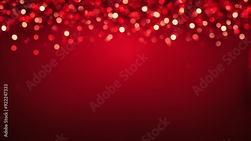 Red gradient background with border bokeh red lights in blur effect. Abstract sparkling backdrop for festive design, print and romantic themes with copy space