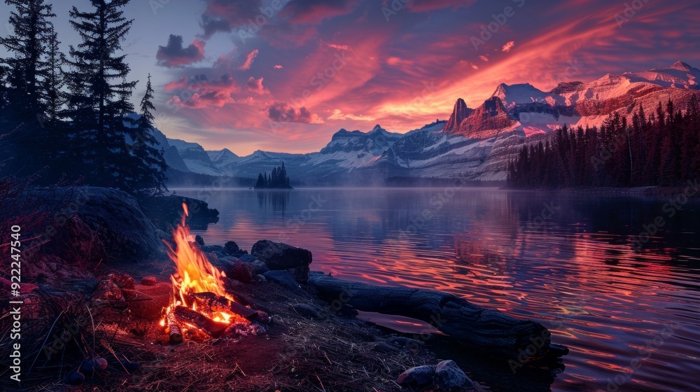 A tranquil scene by a lake: campfire, mountains, pink sky at sunset, reflecting on the water. Evokes peace and relaxation.