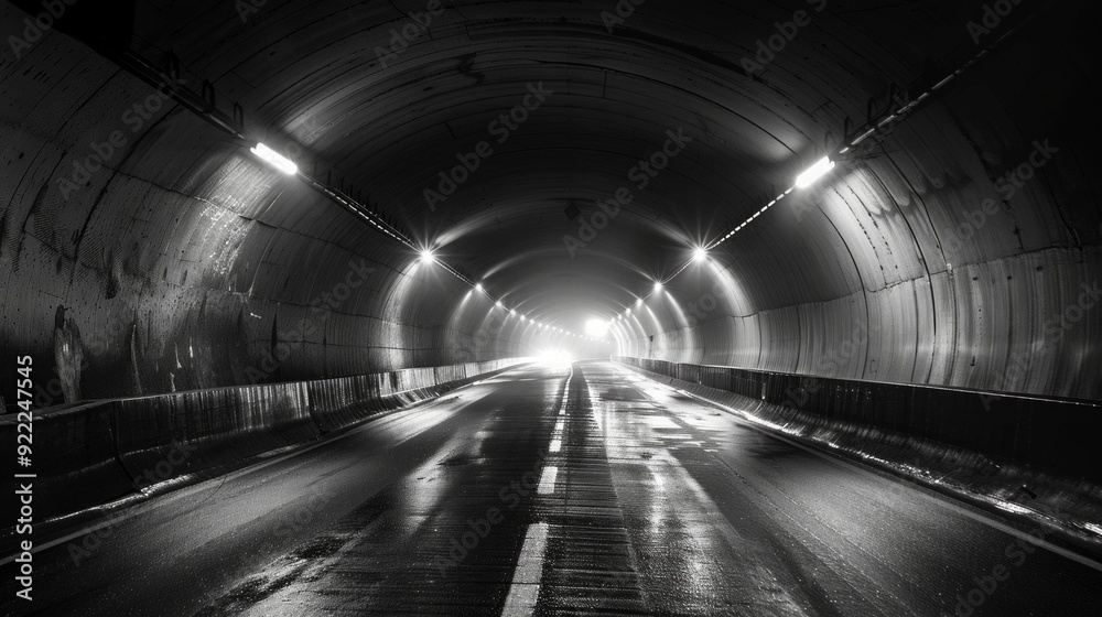 A black and white photo of a long, empty tunnel with a bright light at the end. Concrete walls, wet road, and white lights create a solemn, eerie atmosphere. A black and white photo of a long, empty tunnel with a bright light at the end. Concrete walls, wet road, and white lights create a solemn, eerie atmosphere.
