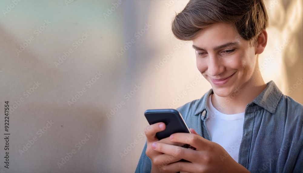 Teenager smiling and using a smartphone, symbolizing youth, technology, and social interaction. Teenager smiling and using a smartphone, symbolizing youth, technology, and social interaction.