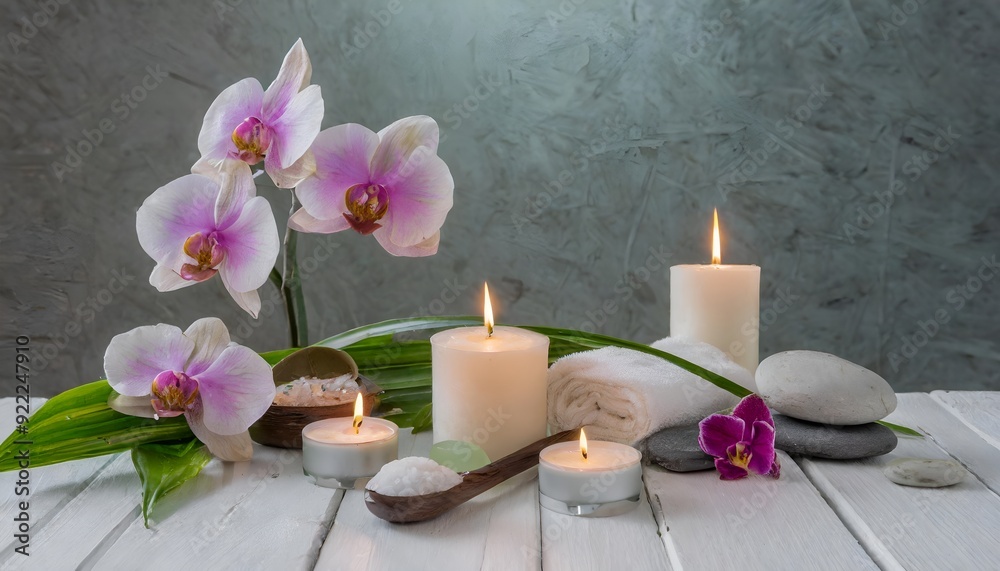 Top view candles,orchid,spa setting on white table. Top view candles,orchid,spa setting on white table.