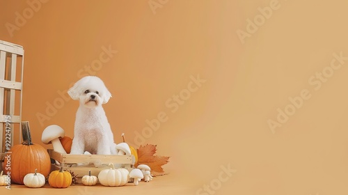 A playful Bichon Frise dog explores a wooden crate surrounded by pumpkins and mushrooms in a warm autumn setting photo