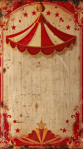 Vintage circus poster with a red and white big top under a yellow moon. Aged with stains and scratches, evoking nostalgia for old carnival charm and history.