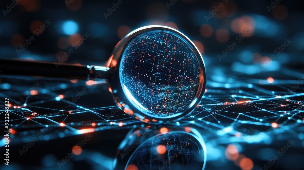 3D magnifying glass hovering over a digital network, revealing hidden data 3D magnifying glass hovering over a digital network, revealing hidden data