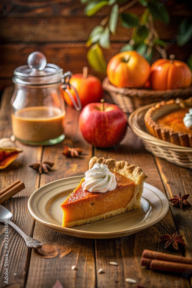 Rebanada de tarta de calabaza servida en un plato con crema batida, acompañada de manzanas y calabazas. Rebanada de tarta de calabaza servida en un plato con crema batida, acompañada de manzanas y calabazas.
