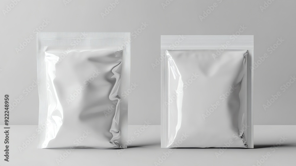 Mockup of two white blank foil packaging pouches.