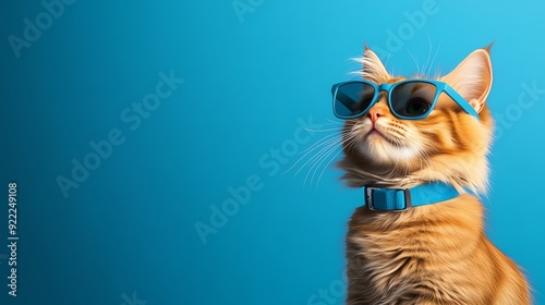 A stylish orange cat wearing blue sunglasses, looking confidently against a vibrant blue background. Perfect for pet lovers.