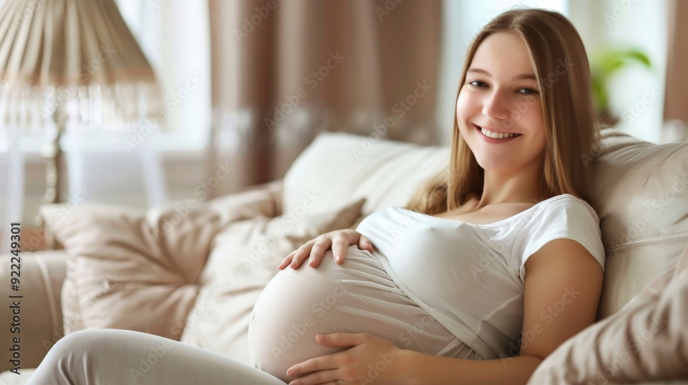 A cheerful pregnant woman in a simple white dress sits on a soft, light-flooded couch, smiling warmly, exuding happiness and maternal warmth, amidst a cozy indoor setting. A cheerful pregnant woman in a simple white dress sits on a soft, light-flooded couch, smiling warmly, exuding happiness and maternal warmth, amidst a cozy indoor setting.