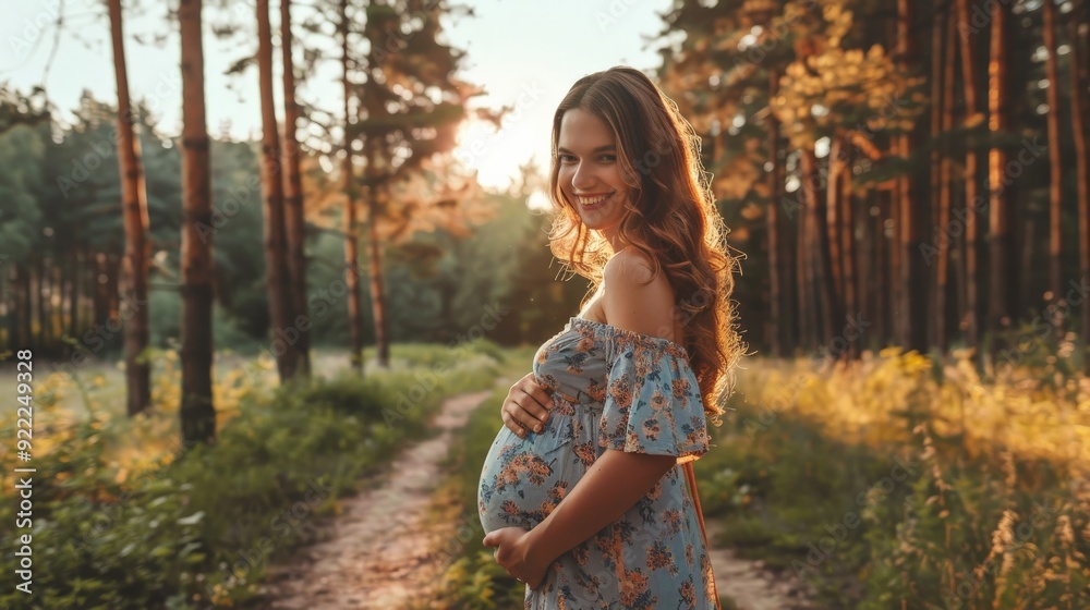 A happy, expectant mother in a light flower-dress holds her baby bump and enjoys a peaceful walk in a sunlit forest, surrounded by the tranquility and beauty of nature. A happy, expectant mother in a light flower-dress holds her baby bump and enjoys a peaceful walk in a sunlit forest, surrounded by the tranquility and beauty of nature.