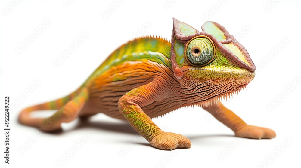 Obraz premium A vibrant chameleon showcasing its colorful skin while climbing, highlighting its unique features and expressive eyes.