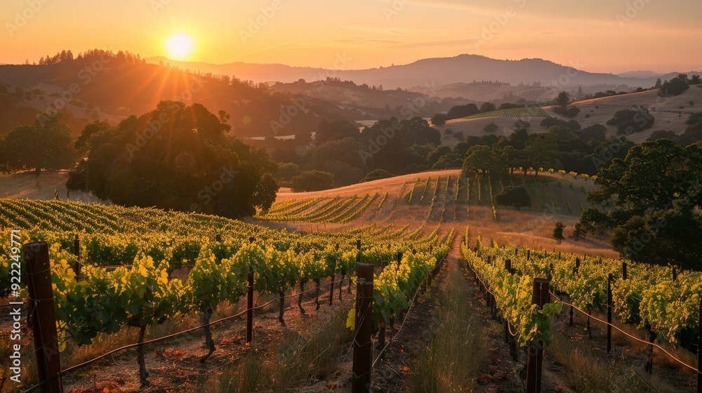 An idyllic sunset casts a warm glow over a sprawling vineyard, with rows of grapevines and rolling hills stretching into the distance, creating a serene landscape. An idyllic sunset casts a warm glow over a sprawling vineyard, with rows of grapevines and rolling hills stretching into the distance, creating a serene landscape.