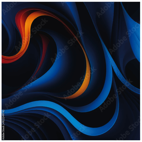 Abstract illustration of smooth, fluid shapes and curves. The main colors are various shades of blue, with accents of orange and yellow providing contrast.