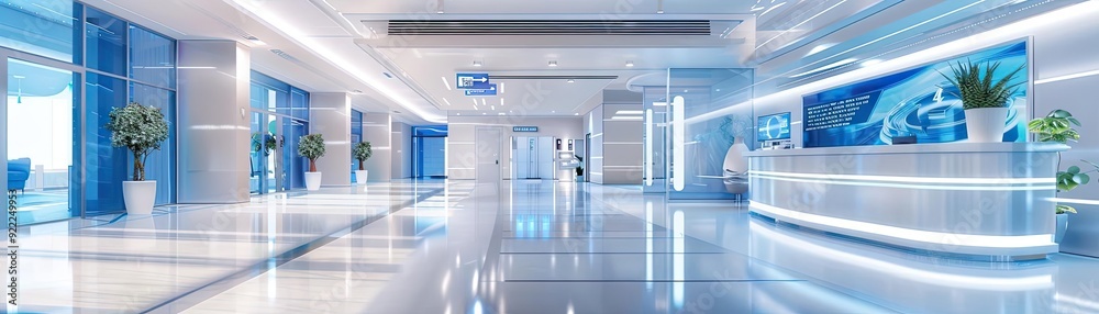 Modern and sleek interior of a commercial lobby showcasing bright lighting and sophisticated design elements. Modern and sleek interior of a commercial lobby showcasing bright lighting and sophisticated design elements.
