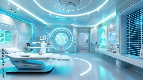 Futuristic medical room with sleek design, ambient lighting, and advanced technology. Perfect for healthcare and innovation themes.