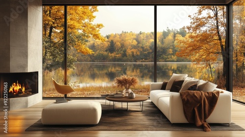 A living room with a fireplace and large windows overlooking the lake, AI