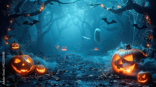 Spooky Halloween Night in a Forest with Jack-o'-Lanterns and a Ghost