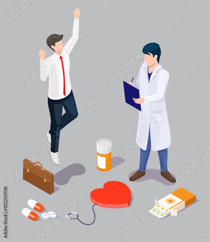 Businessman character rejoicing successful medical checkup isometric vector illustration. Doctor giving good results of diagnosis and lab analysis. Medicine and insurance concept