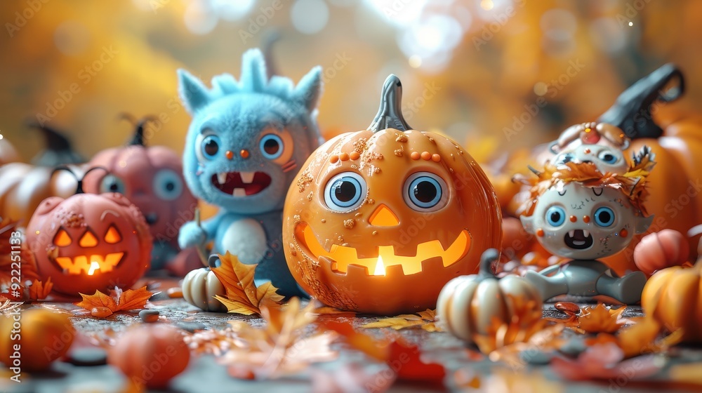 Fototapeta premium Halloween Jack-O-Lantern with Cartoon Characters and Autumn Leaves