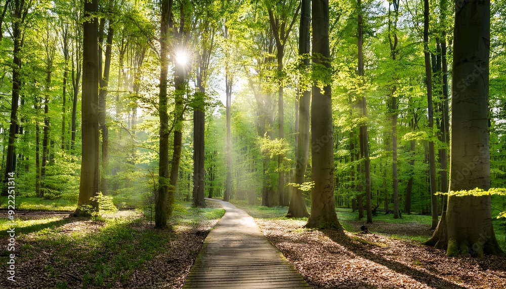 Fototapeta premium Walkway in a green forest with sun ray breaking.