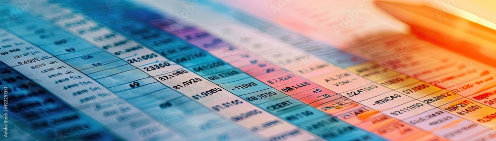 Close-up view of a colorful spreadsheet with visible data, ideal for finance, analysis, or data visualization themes. Close-up view of a colorful spreadsheet with visible data, ideal for finance, analysis, or data visualization themes.