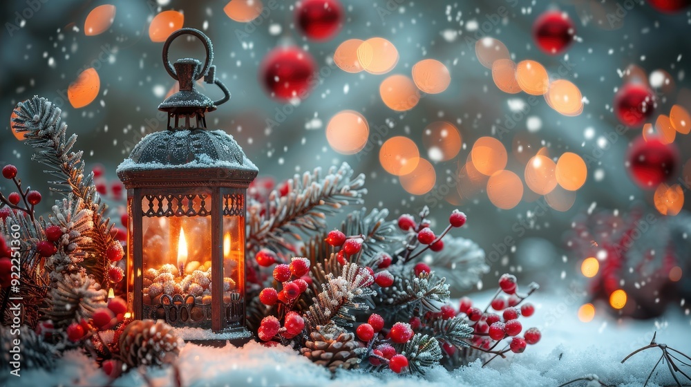 Snowy Lantern with Red Berries and Pine Branches Snowy Lantern with Red Berries and Pine Branches