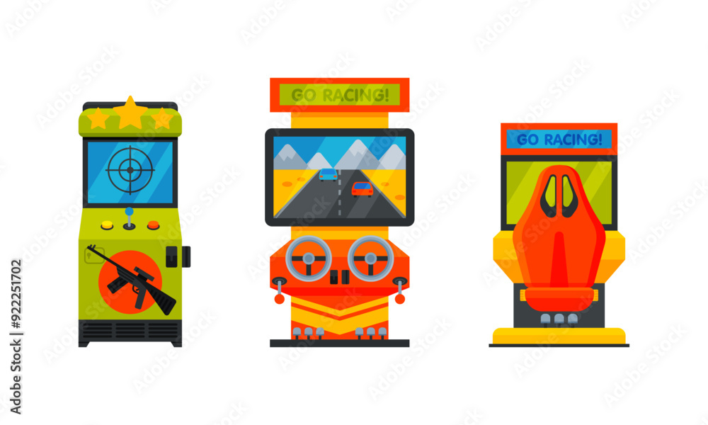 Arcade game machines set cartoon vector illustration on white background Arcade game machines set cartoon vector illustration on white background