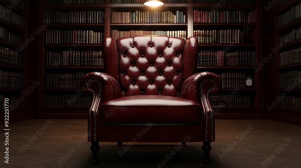 The detective's office features a plush leather armchair, worn with time, amidst shelves of old books and the faint light of a desk lamp The detective's office features a plush leather armchair, worn with time, amidst shelves of old books and the faint light of a desk lamp