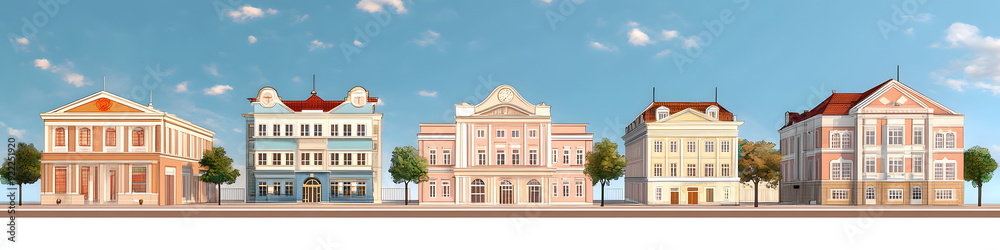 Obraz premium City building illustrations set. Exterior facades of university government school college hotel post office church theatre. Urban infrastructure infographics.