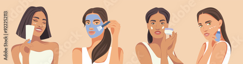 Beautiful women of different skin colors and cultures take care of their skin. Cosmetology, facial care cosmetics, young skin, creams, masks, patches. Vector illustration for website advertising