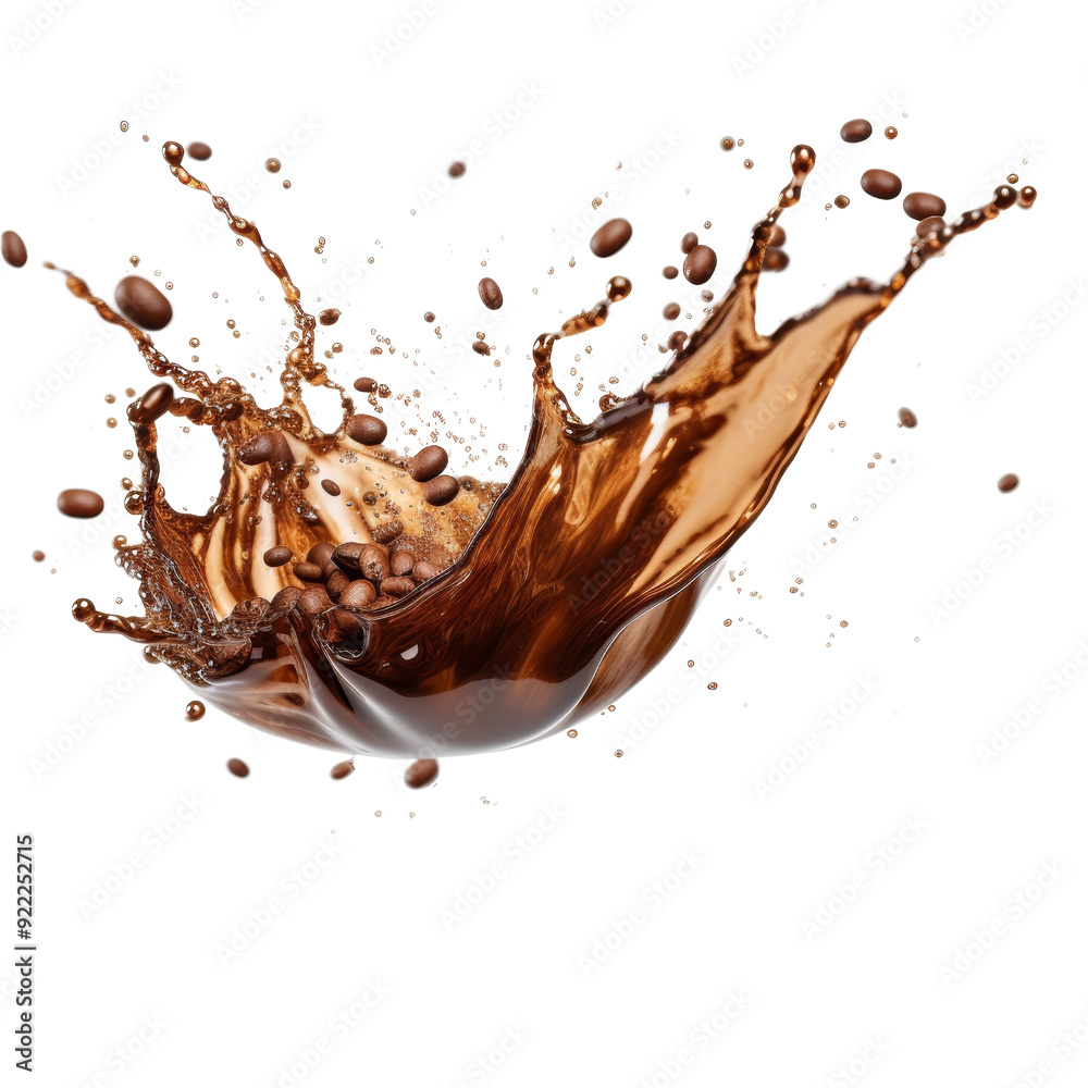 Coffee Splash with Dynamic Brown Liquid and Coffee Beans Isolated.
