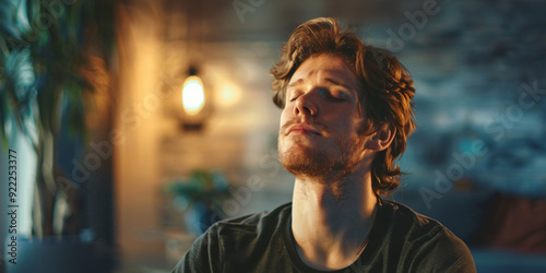 A young man with closed eyes, relaxed and serene in an indoor setting. caucasian man