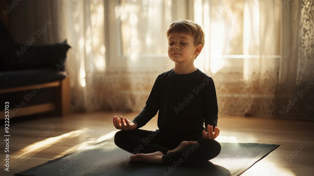 A young boy sitting on a mat in front of the window, AI A young boy sitting on a mat in front of the window, AI