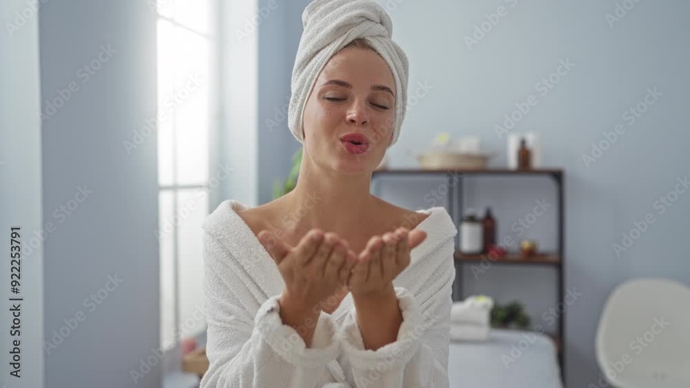 Young woman with towel on head blows kiss with hands in spa salon room highlighting beauty and wellness Young woman with towel on head blows kiss with hands in spa salon room highlighting beauty and wellness