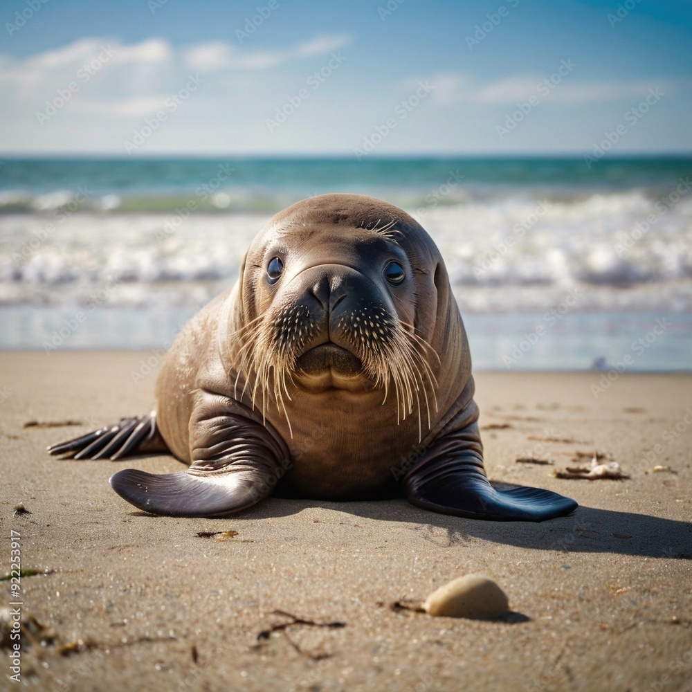 Fototapeta premium baby Walrus Sea animal arctic antarctic mammal on the beach