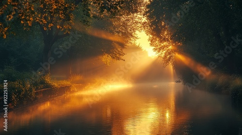 Serene Morning Along Misty Canal with Crepuscular Rays