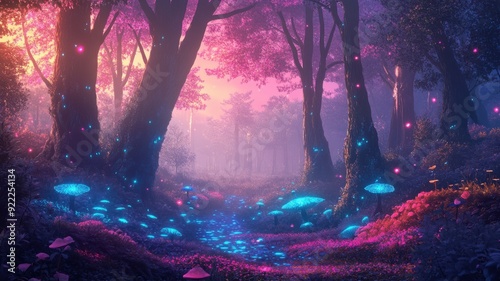 Whimsical forest scene with neon-glowing trees, bioluminescent moss, and magical fireflies, set under a dreamy, colorful gradient sky. Glow photo