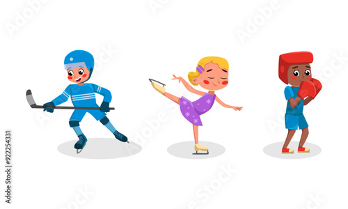 Cute kids doing sports set. Girl and boy playing hockey, figure skating and boxing cartoon vector illustration