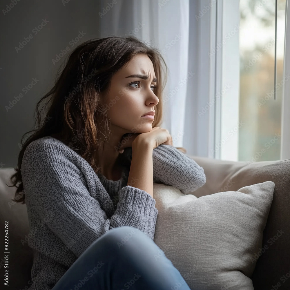 a woman sitting on a grey sofa, holding a pillow close to her chest as she gazes pensively out of a window. She is barefoot, dressed casually in a striped shirt and jeans a woman sitting on a grey sofa, holding a pillow close to her chest as she gazes pensively out of a window. She is barefoot, dressed casually in a striped shirt and jeans