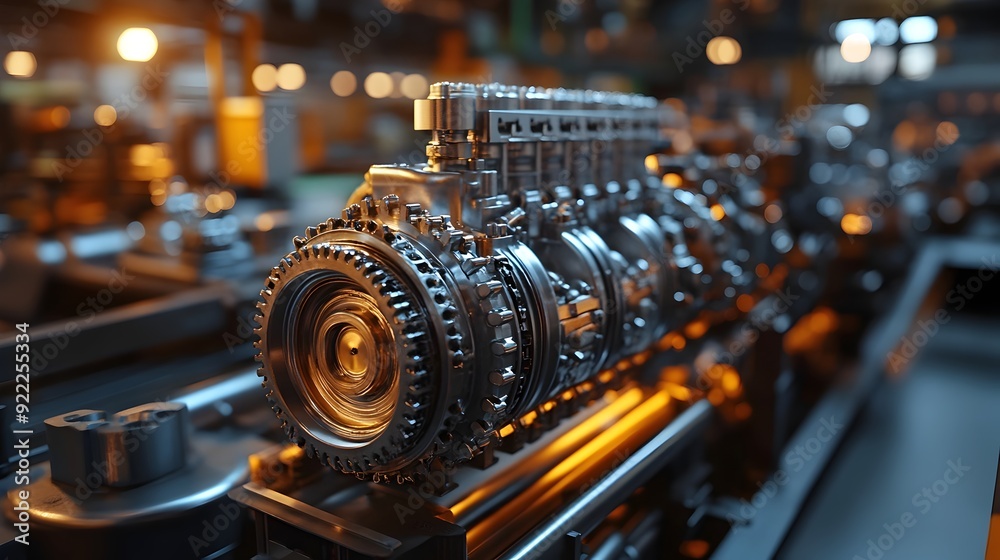 Fototapeta premium Expertly Dismantled Automotive Engine Components in Well Lit Industrial Repair Workshop
