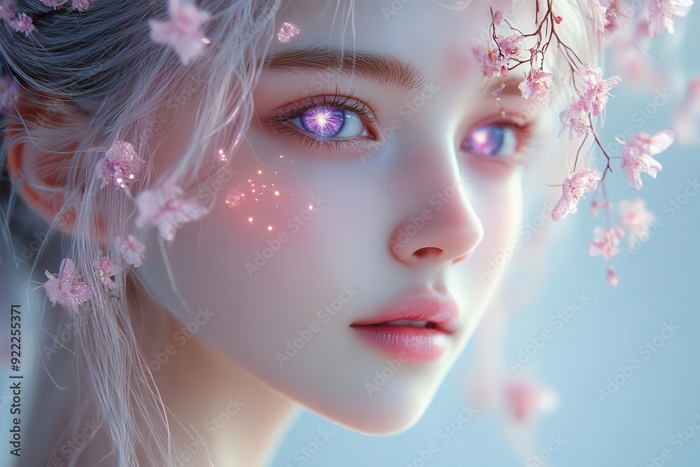 enchanting anime portrait ethereal beauty with iridescent eyes flowing pastel hair adorned with magical glowing flowers delicate features dreamy soft focus background enchanting anime portrait ethereal beauty with iridescent eyes flowing pastel hair adorned with magical glowing flowers delicate features dreamy soft focus background