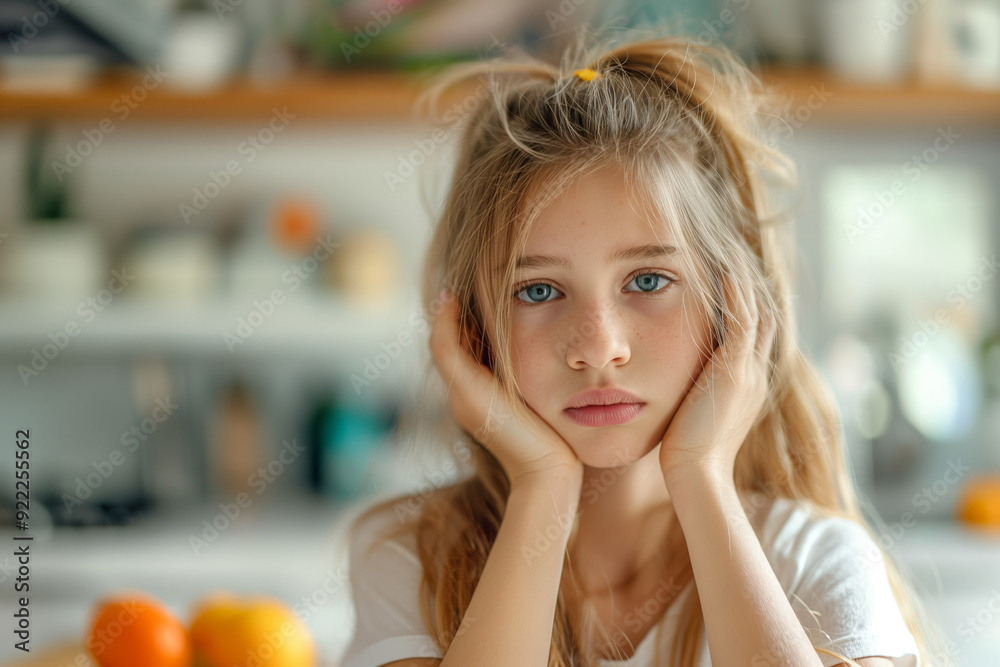 Naklejka premium Pensive Young Girl in Cozy Kitchen Natural Light Soft Focus