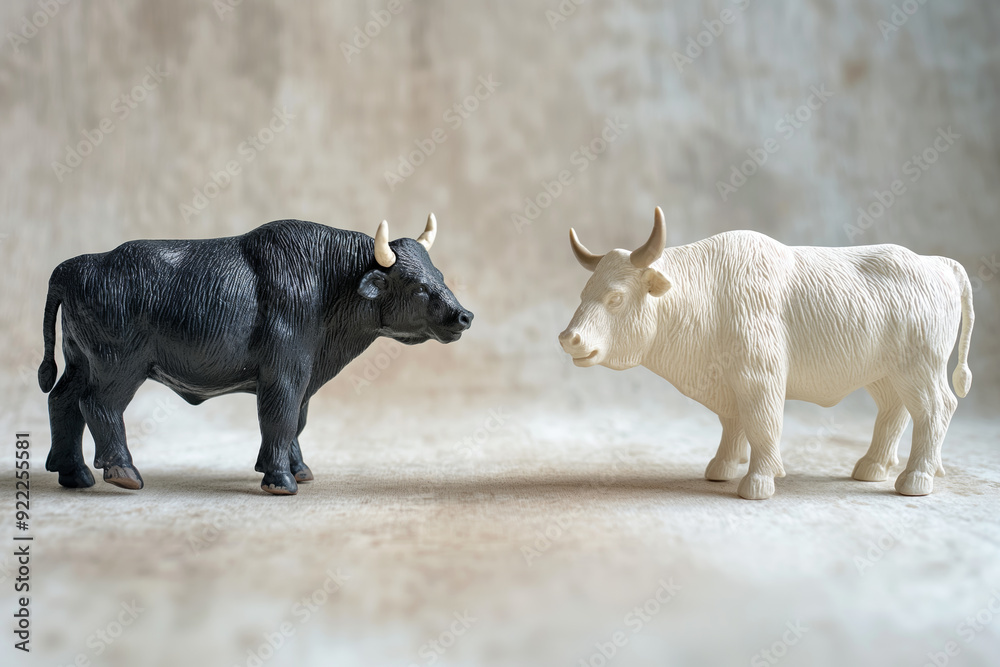Black and White Bull Figurines Confronting Each Other on Neutral Background Symbolizing Opposing Forces Black and White Bull Figurines Confronting Each Other on Neutral Background Symbolizing Opposing Forces