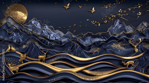 Abstract 3D illustration with gold and blue stylized mountains, deer, birds and branches.