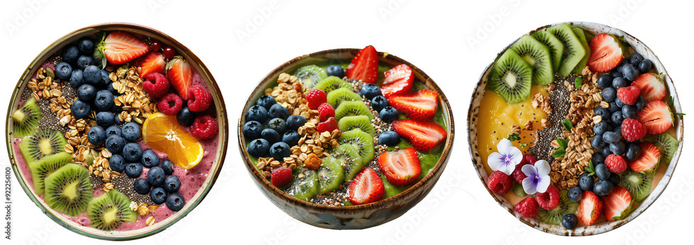 Set of Vibrant Smoothie Bowls with Fresh Fruits, Granola, and Chia Seeds, Isolated on Transparent Background Set of Vibrant Smoothie Bowls with Fresh Fruits, Granola, and Chia Seeds, Isolated on Transparent Background