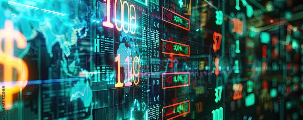 Vibrant digital interface showcasing financial data, currency symbols, and market trends in a high-tech environment. Vibrant digital interface showcasing financial data, currency symbols, and market trends in a high-tech environment.