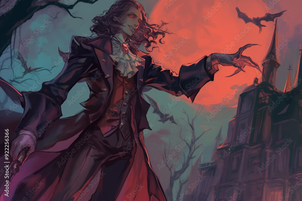 Gothic Vampire in Haunted Landscape with Full Moon and Bats