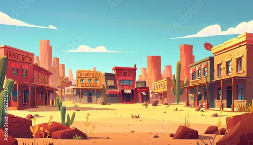 Vibrant wild west town square.  Classic village settlement in the desert. Cartoon game illustration background.