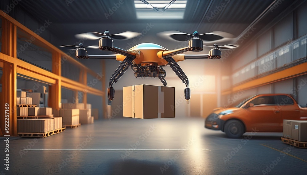 Flying delivery drone transferring parcel box from distribution warehouse to automotive garage customer service repair center background. Modern innovative technology and gadget concept. Flying delivery drone transferring parcel box from distribution warehouse to automotive garage customer service repair center background. Modern innovative technology and gadget concept.