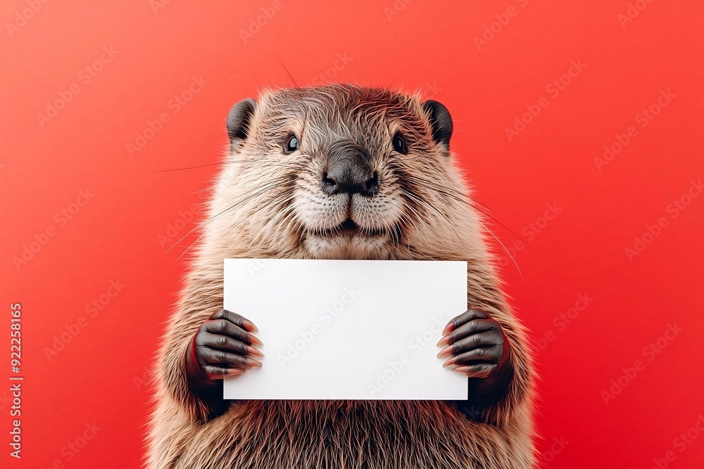 Cute beaver with a blank sign in its paws on red background. Funny ...