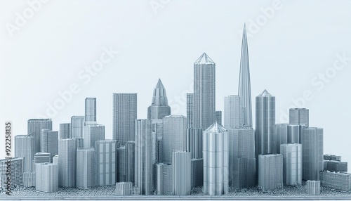Skyscraper and metropolis city in monochrome. Architecture and Business city plan concept. Low polygon cityscape scene. Blueprint for mega project theme. Copy space. 3D illustration rendering